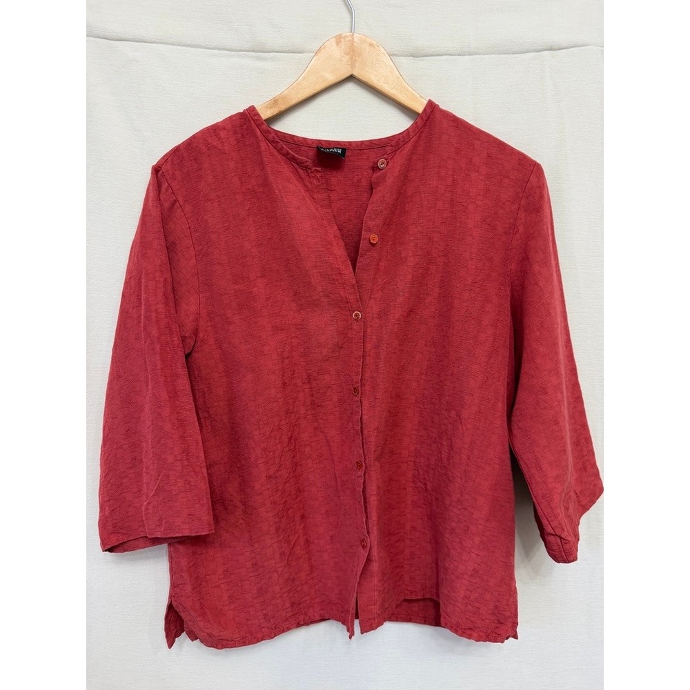 Eileen Fisher‎ Womens Button Down Top Red Textured Silk Blend Casual Chic M